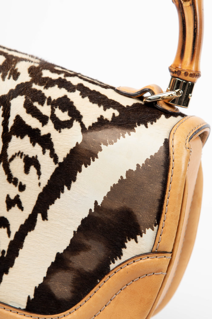 RARE Vintage Gucci Zebra Print Pony Hair Bamboo Top Handle Bag