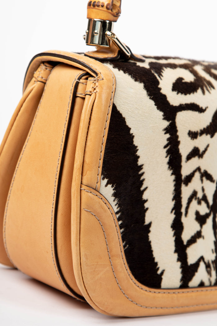 RARE Vintage Gucci Zebra Print Pony Hair Bamboo Top Handle Bag
