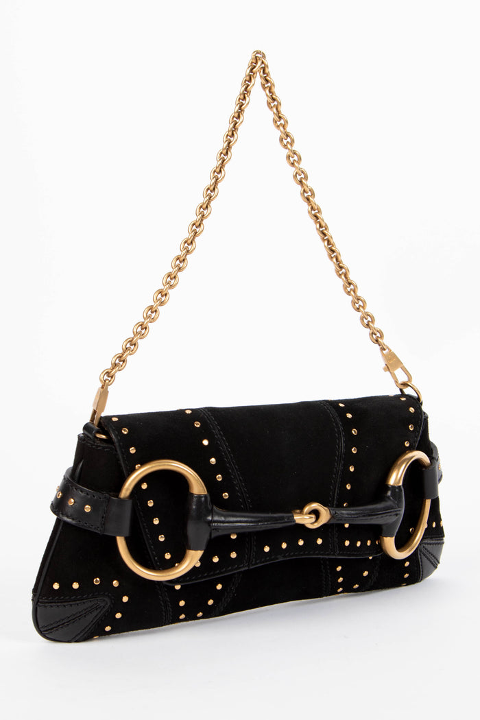 RARE Tom Ford Gucci Black Suede Studded Horsebit Shoulder Bag