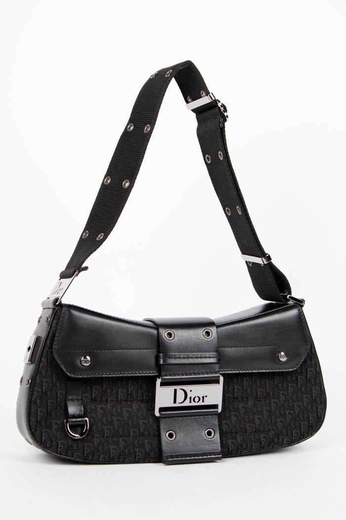 2000s Christian Dior Black Monogram Canvas Small Columbus Shoulder Bag