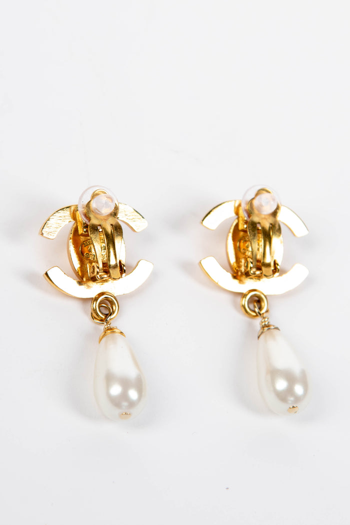 90s Chanel Gold CC Pearl Drop Clip-on Earrings