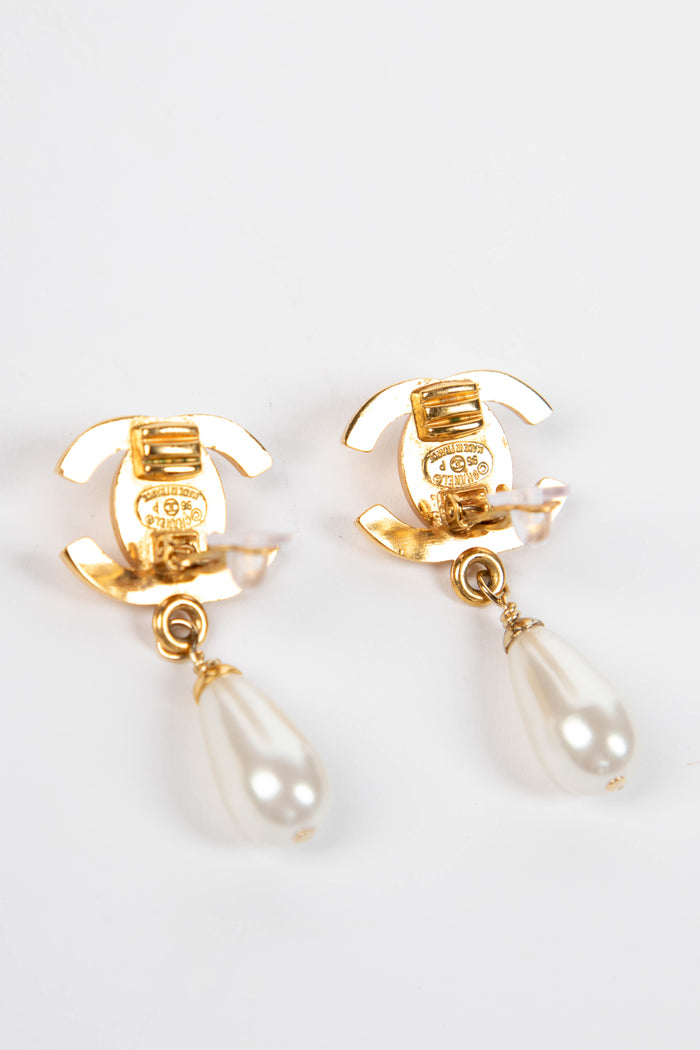90s Chanel Gold CC Pearl Drop Clip-on Earrings