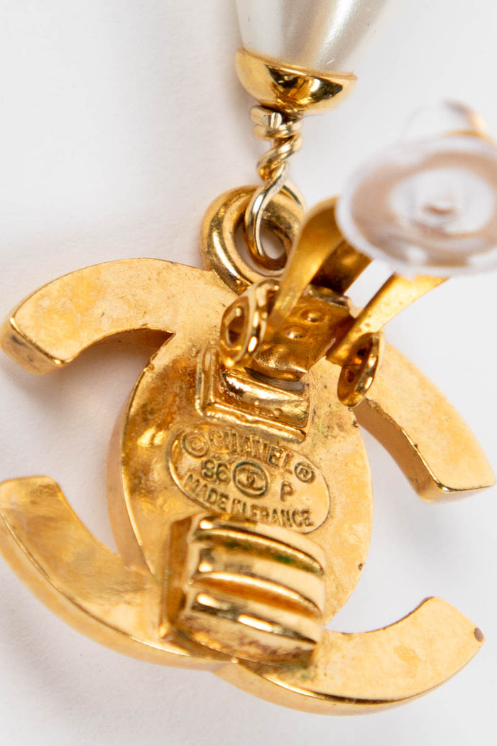 90s Chanel Gold CC Pearl Drop Clip-on Earrings