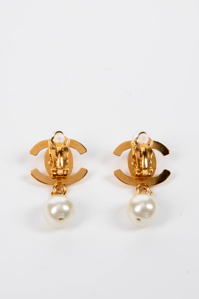 90s Chanel Gold CC Pearl Drop Clip-on Earrings
