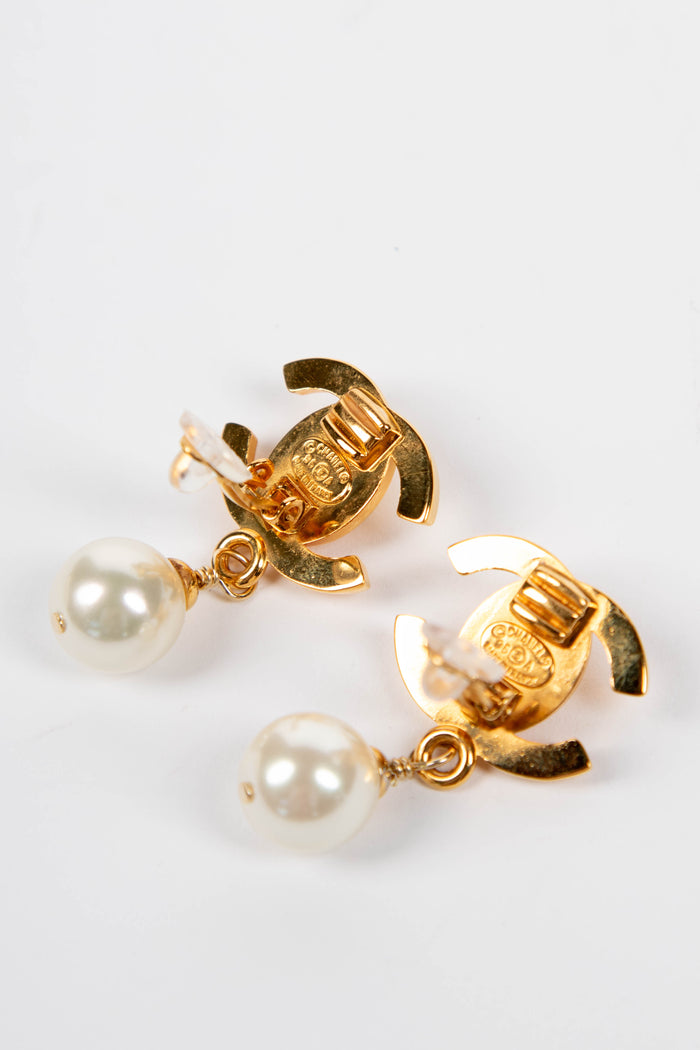 90s Chanel Gold CC Pearl Drop Clip-on Earrings