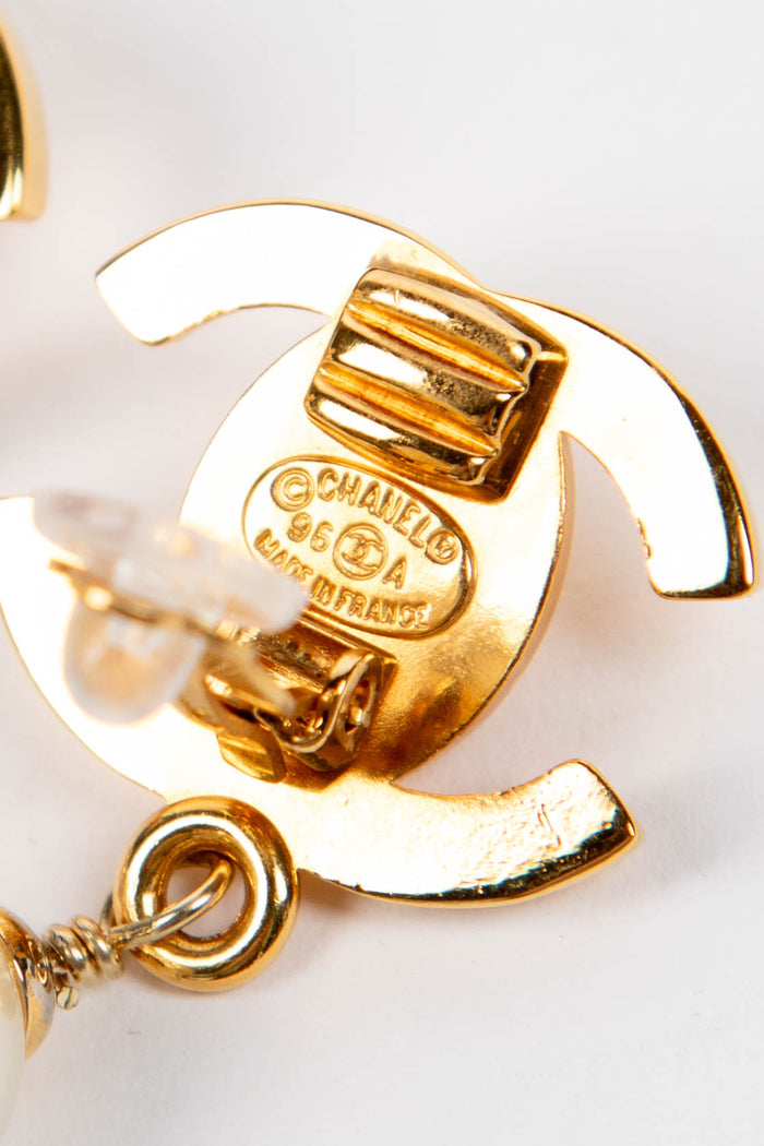 90s Chanel Gold CC Pearl Drop Clip-on Earrings