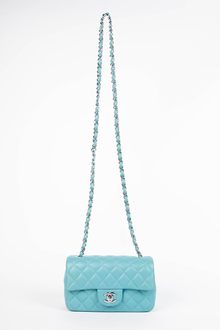 2020s Chanel Blue Lambskin Leather Mini Rectangular Single Flap
