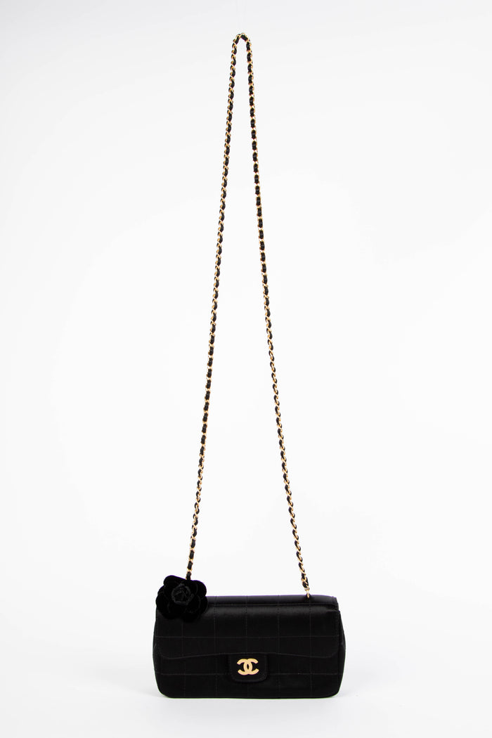 2000s Chanel Black Satin Mini Camellia Chocolate Bar Crossbody Bag