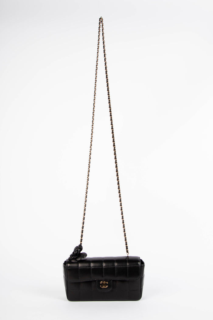2000s Chanel Black Lambskin Leather Mini Camellia Chocolate Bar Crossbody Bag