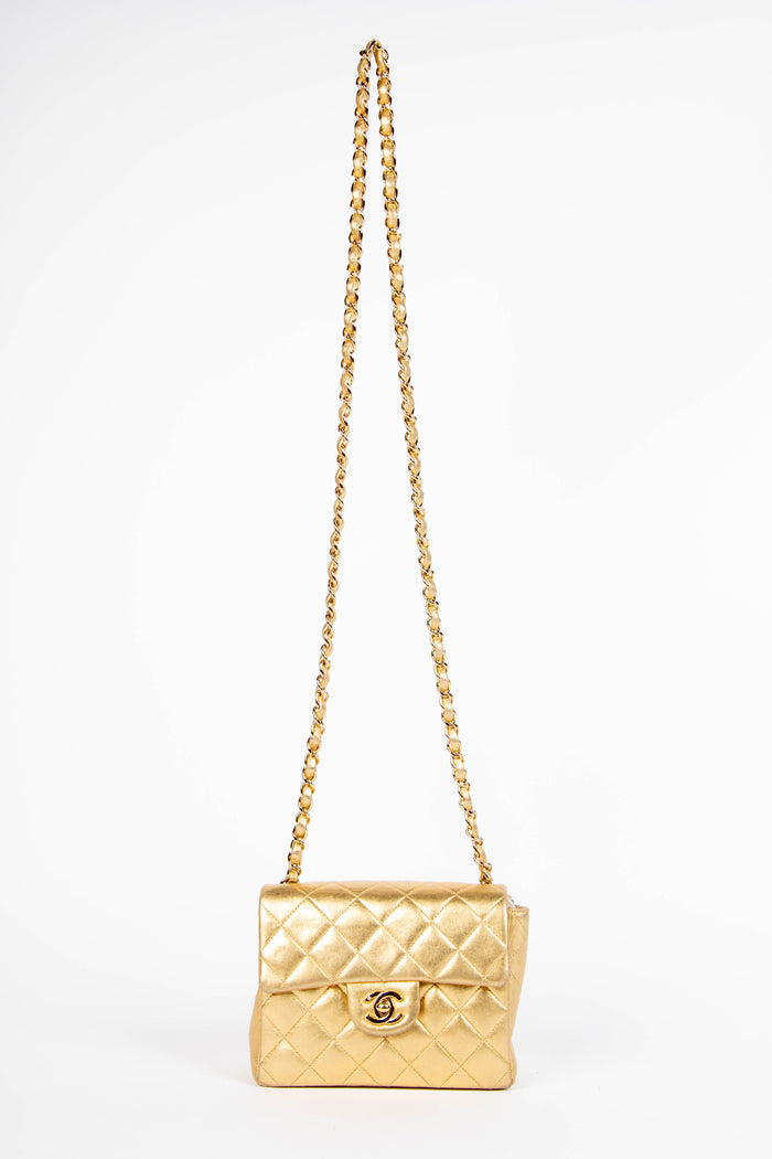 RARE 2000s Chanel Gold Lambskin Leather Mini Square Single Flap Bag 24k GHW