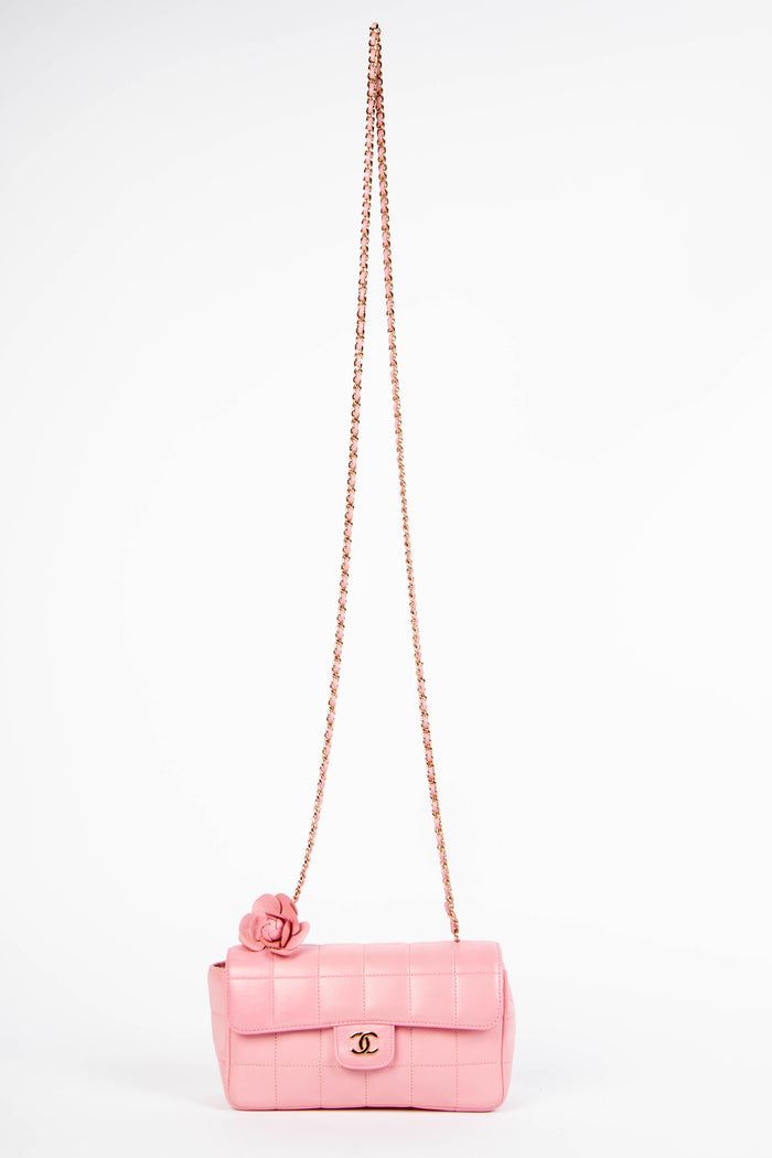2000s Chanel Pink Lambskin Leather Mini Camellia Chocolate Bar Crossbody Bag