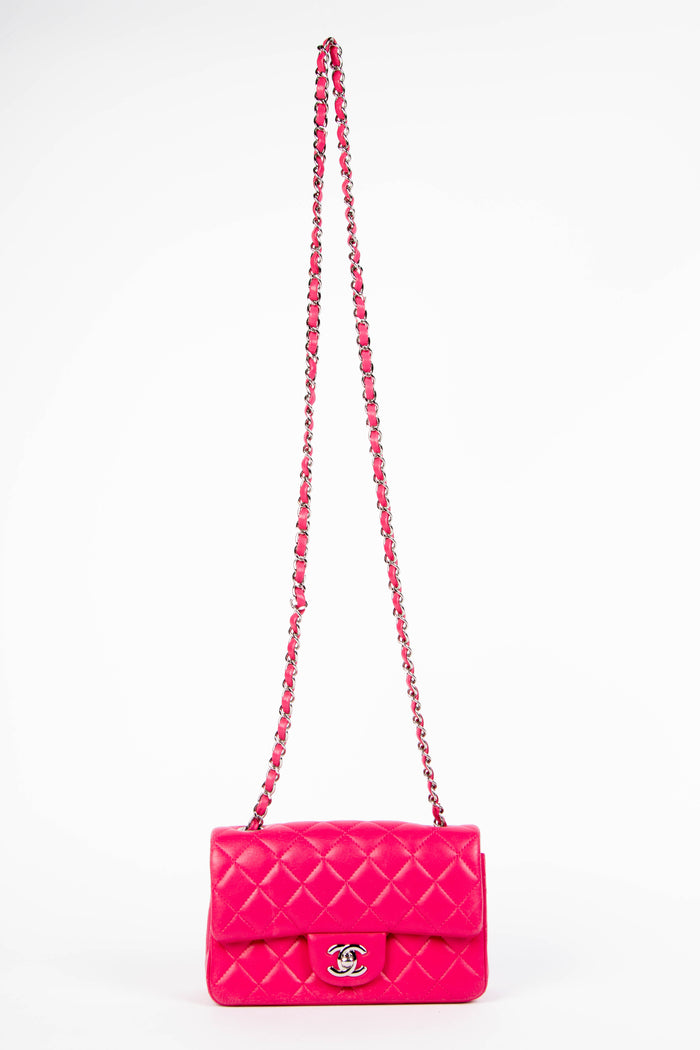 2014 Chanel Hot Pink Lambskin Mini Rectangular Flap Shoulder Bag