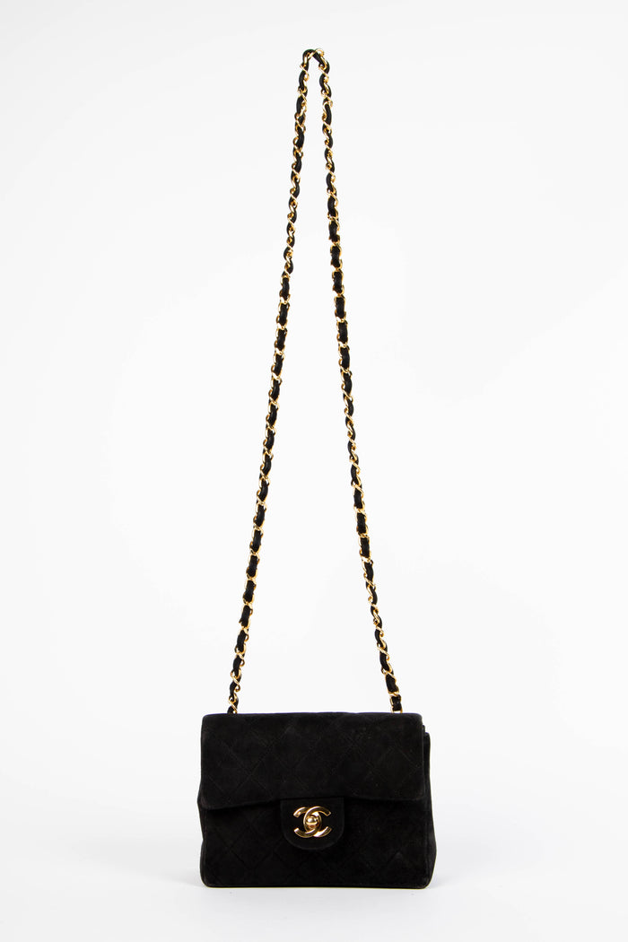 RARE Vintage Chanel Black Suede Mini Square Single Flap with 24k GHW