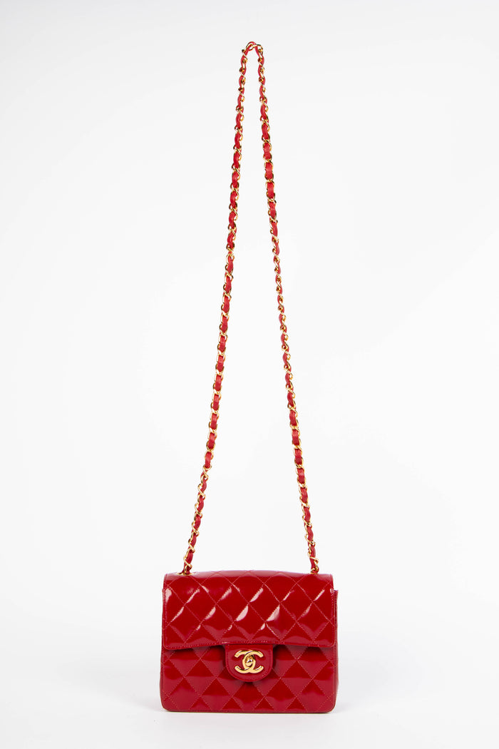 90s Chanel Red Patent Leather Mini Square Single Flap Bag
