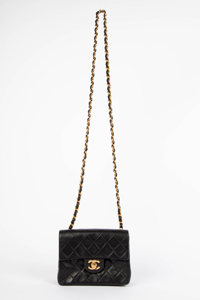 90s Chanel Black Lambskin Leather Mini Square Flap with 24k GHW