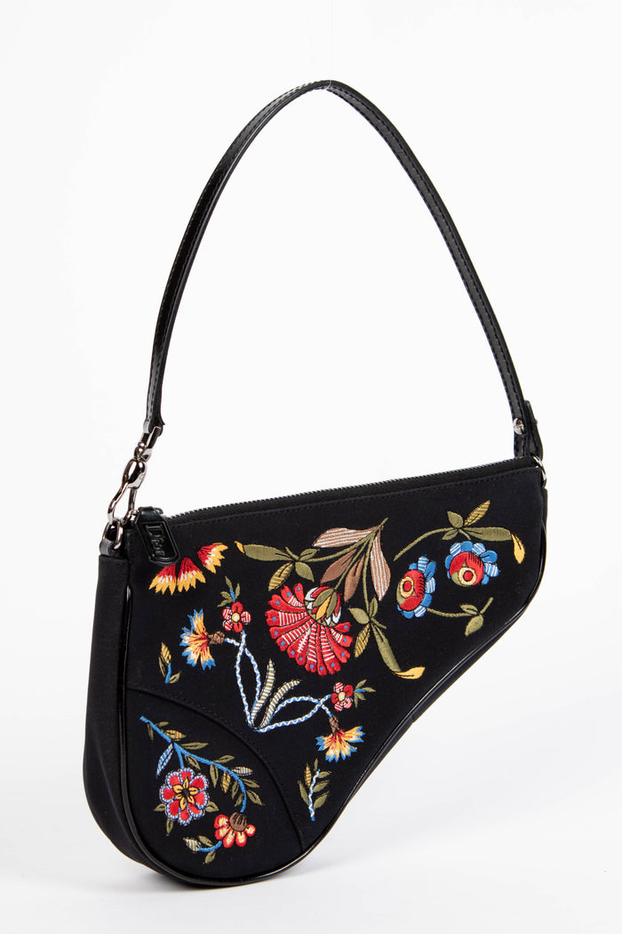 RARE 2000s Christian Dior Black Satin Embroidered Saddle Bag