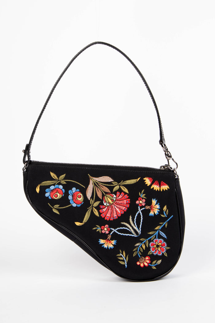 RARE 2000s Christian Dior Black Satin Embroidered Saddle Bag