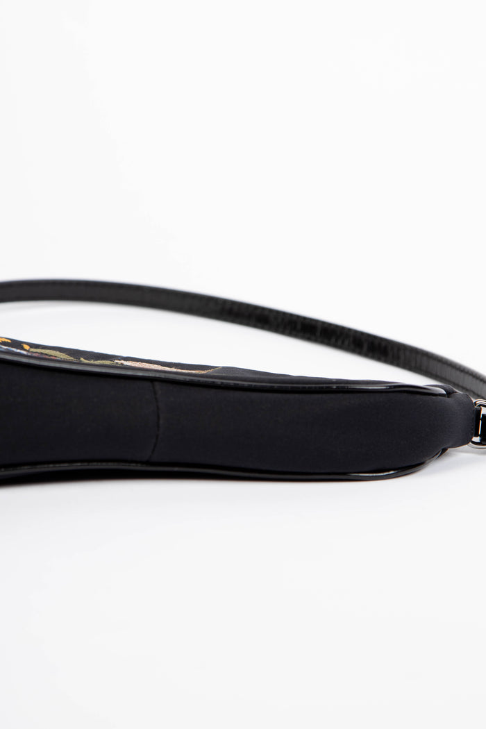 RARE 2000s Christian Dior Black Satin Embroidered Saddle Bag