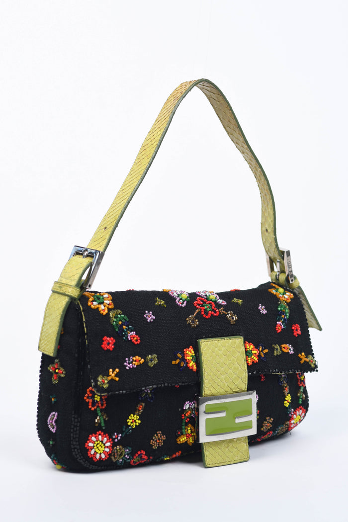 RARE Fendi Black Linen Beaded Baguette Shoulder Bag