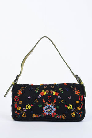 RARE Fendi Black Linen Beaded Baguette Shoulder Bag