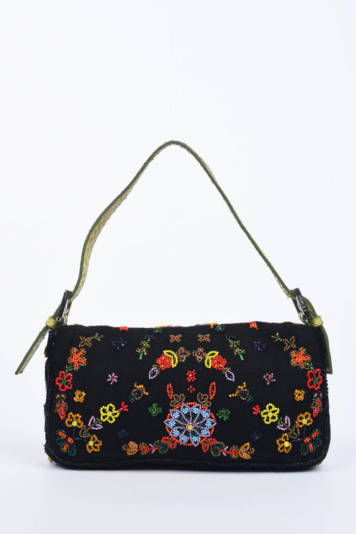 RARE Fendi Black Linen Beaded Baguette Shoulder Bag