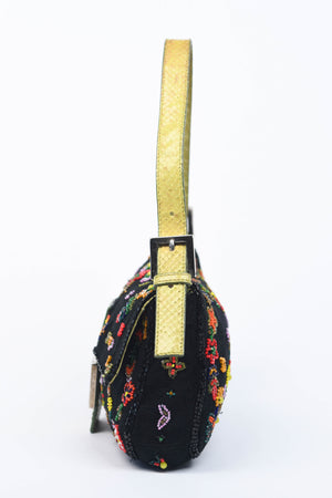 RARE Fendi Black Linen Beaded Baguette Shoulder Bag