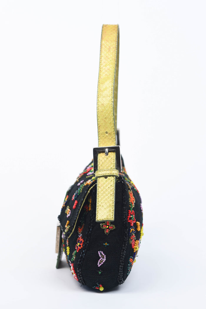 RARE Fendi Black Linen Beaded Baguette Shoulder Bag