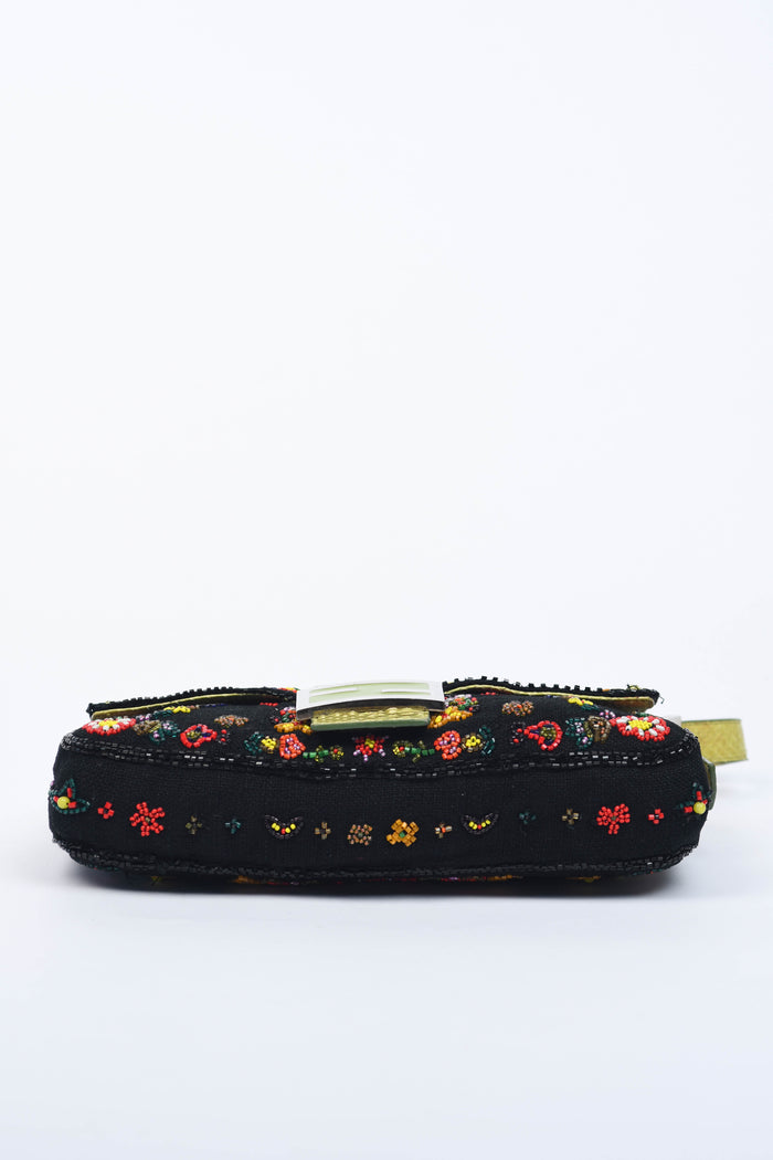 RARE Fendi Black Linen Beaded Baguette Shoulder Bag