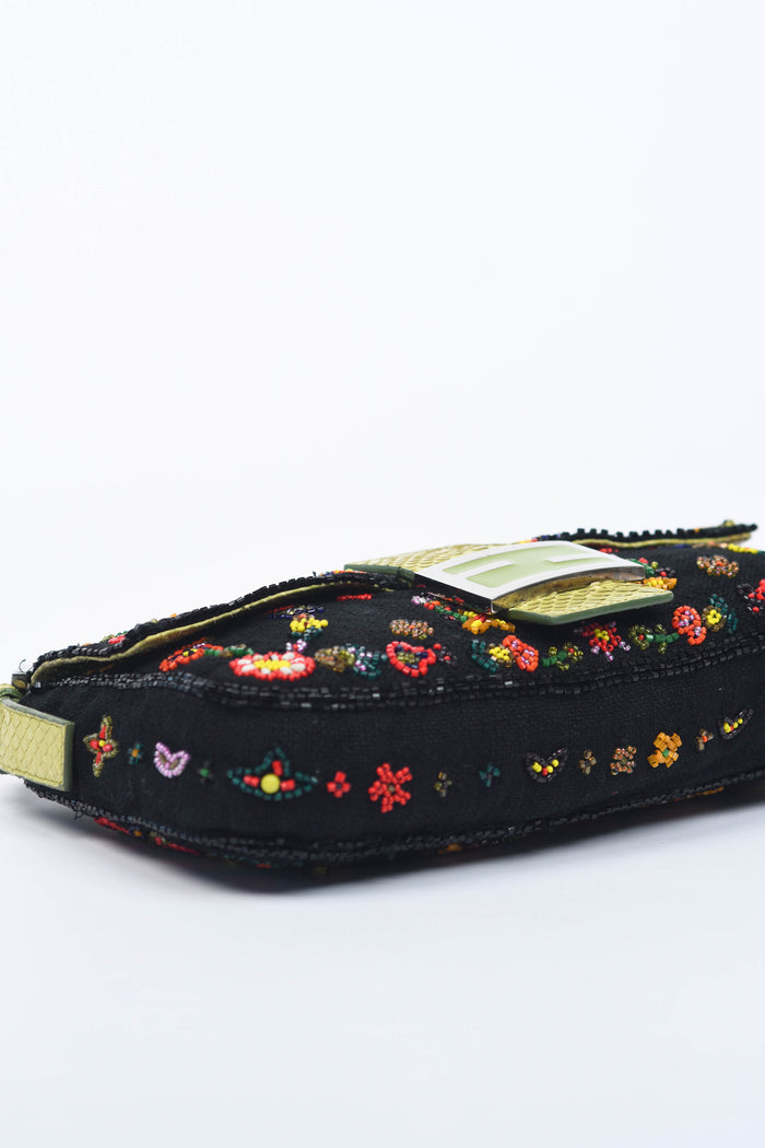 RARE Fendi Black Linen Beaded Baguette Shoulder Bag