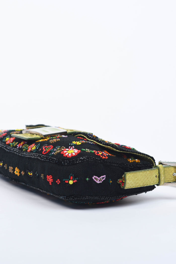 RARE Fendi Black Linen Beaded Baguette Shoulder Bag