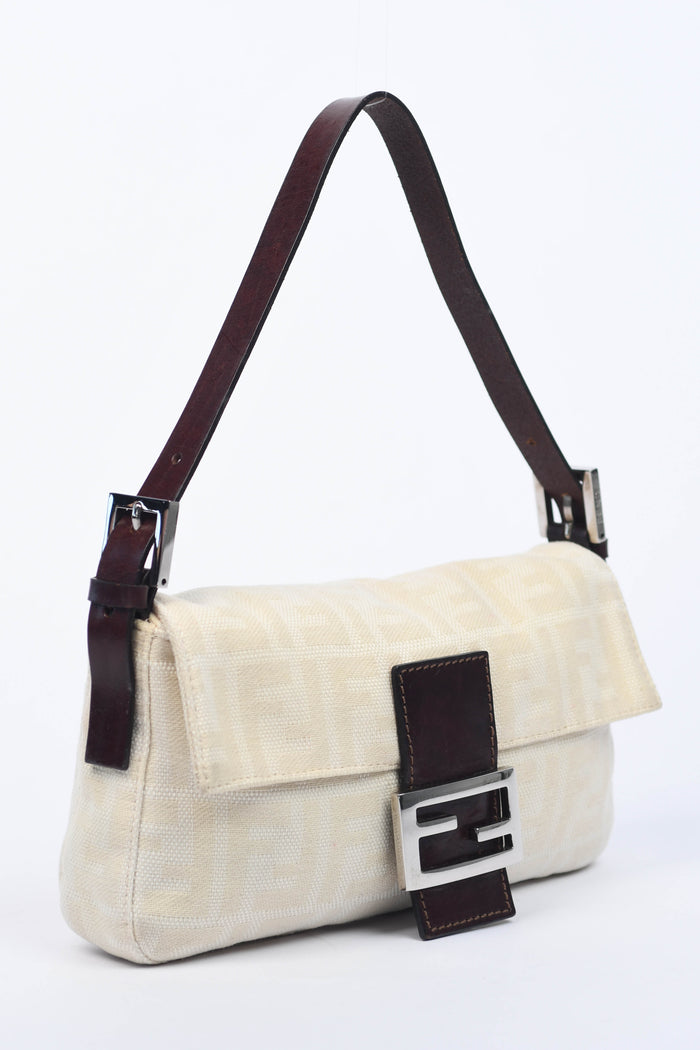 Vintage Fendi Cream Canvas Zucca Baguette Shoulder Bag