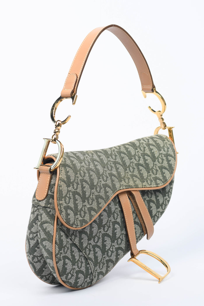 Vintage Christian Dior Green Monogram Saddle Shoulder Bag