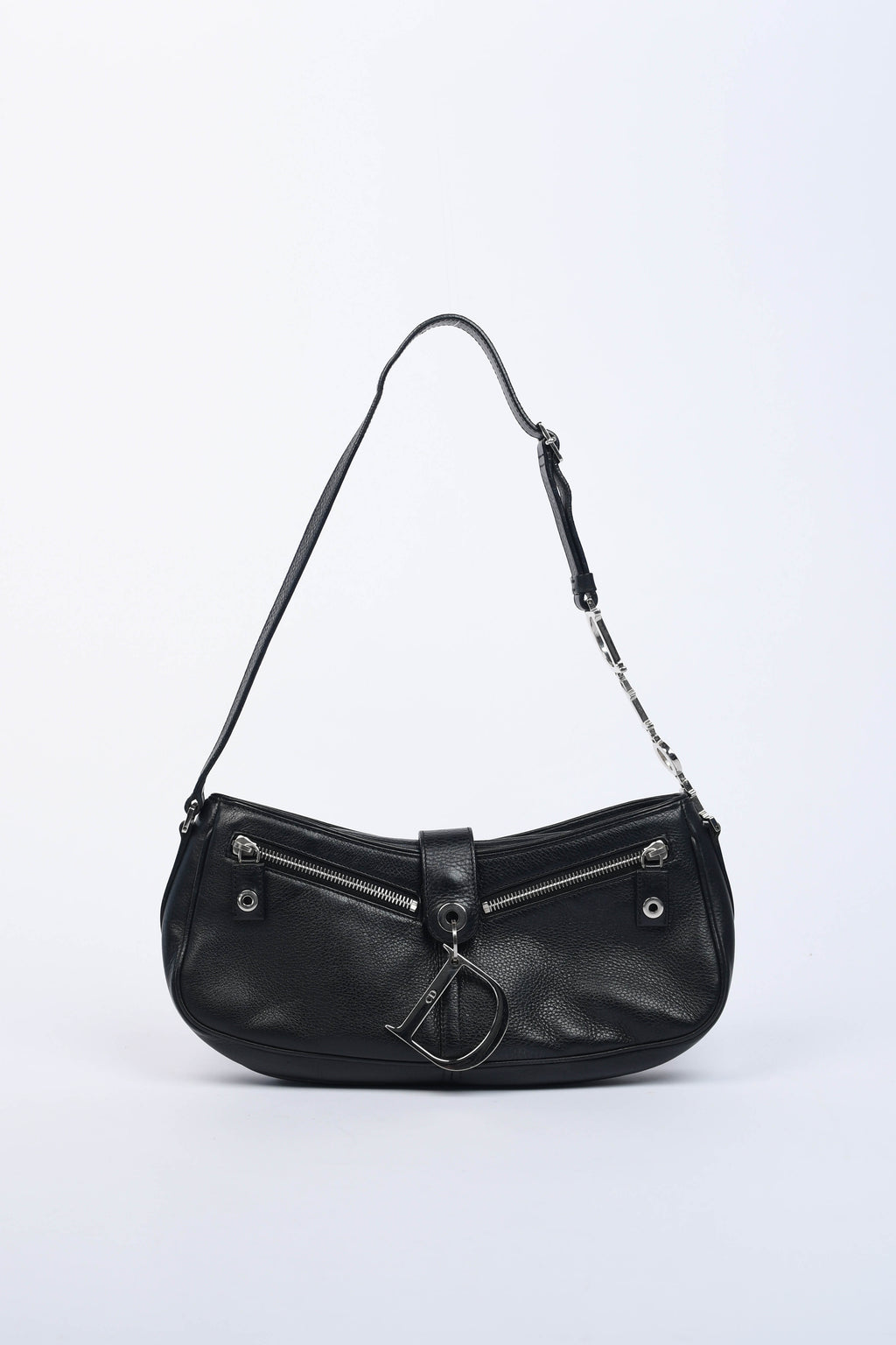 2000s Christian Dior Black Leather Spell-out Shoulder Bag