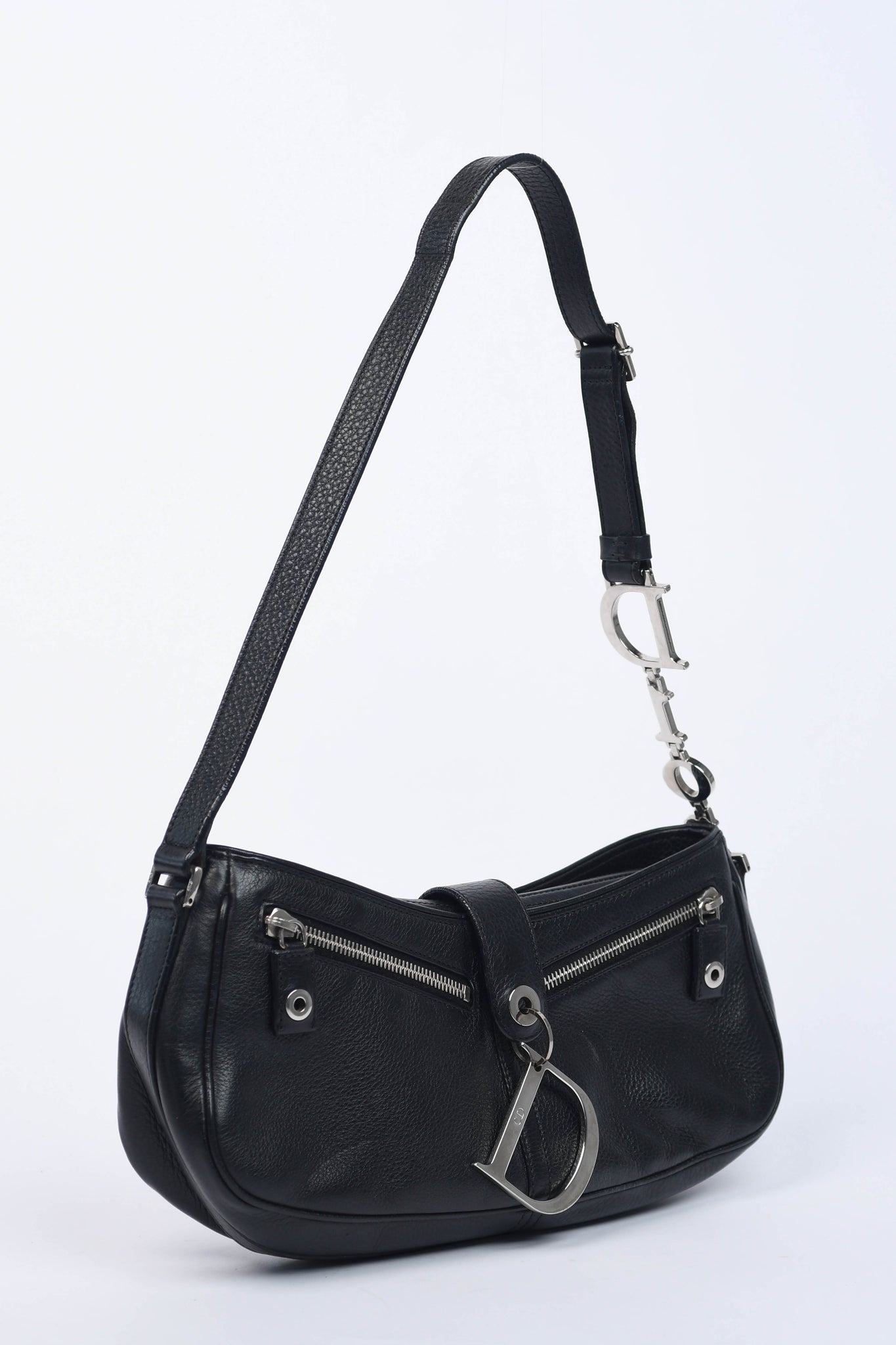 2000s Christian Dior Black Leather Spell-out Shoulder Bag