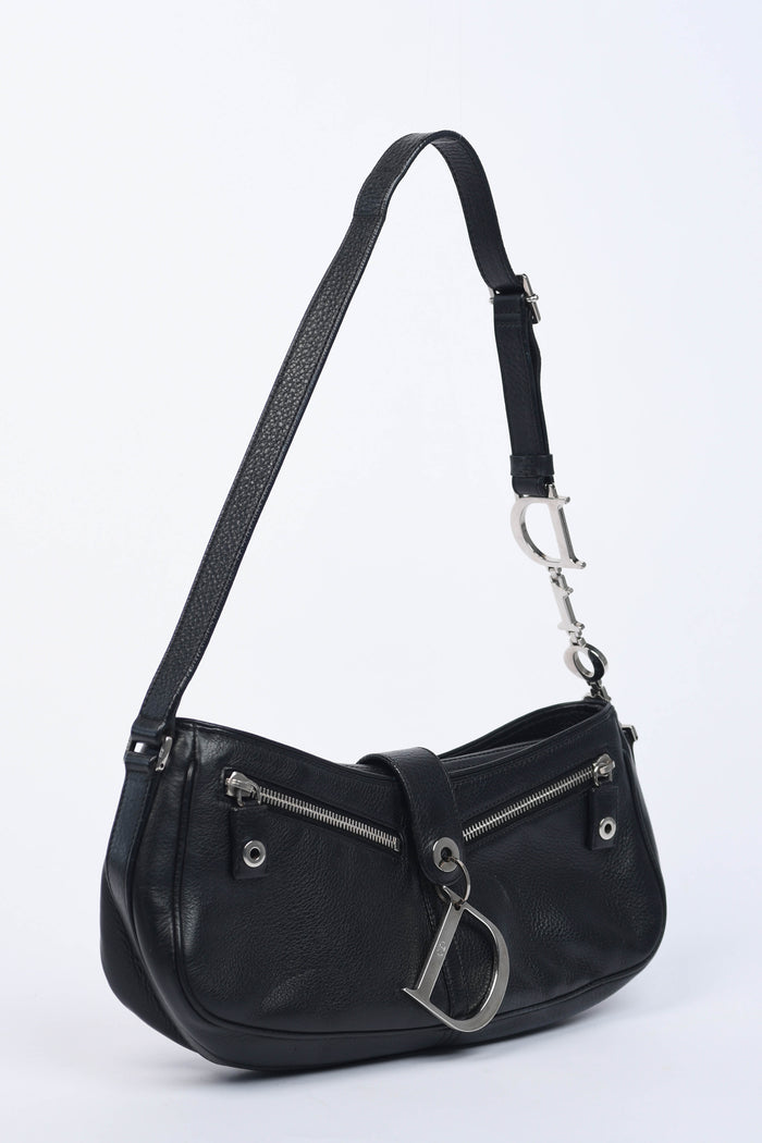 2000s Christian Dior Black Leather Spell-out Shoulder Bag