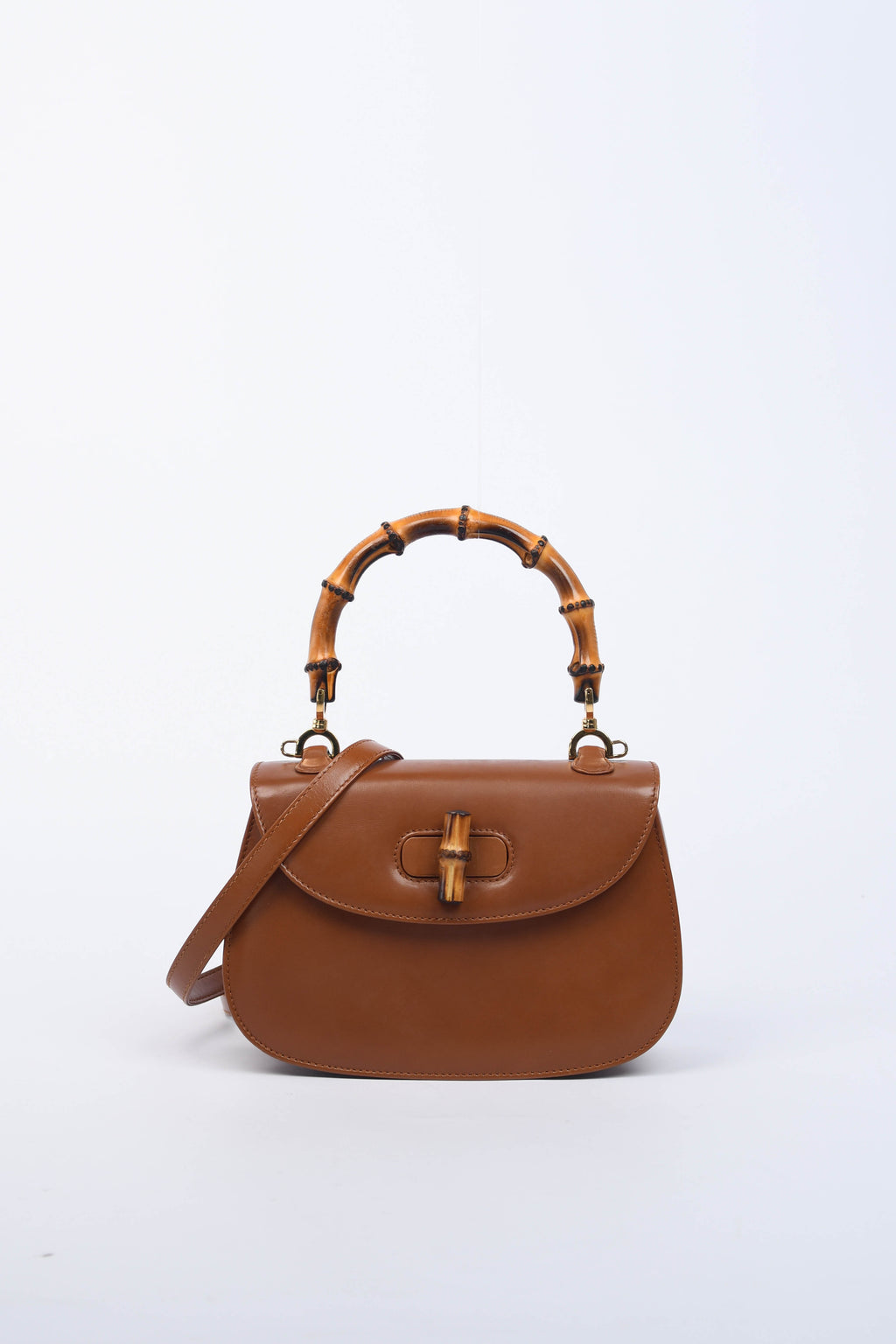 2010s Gucci Brown Leather & Bamboo Top Handle Bag