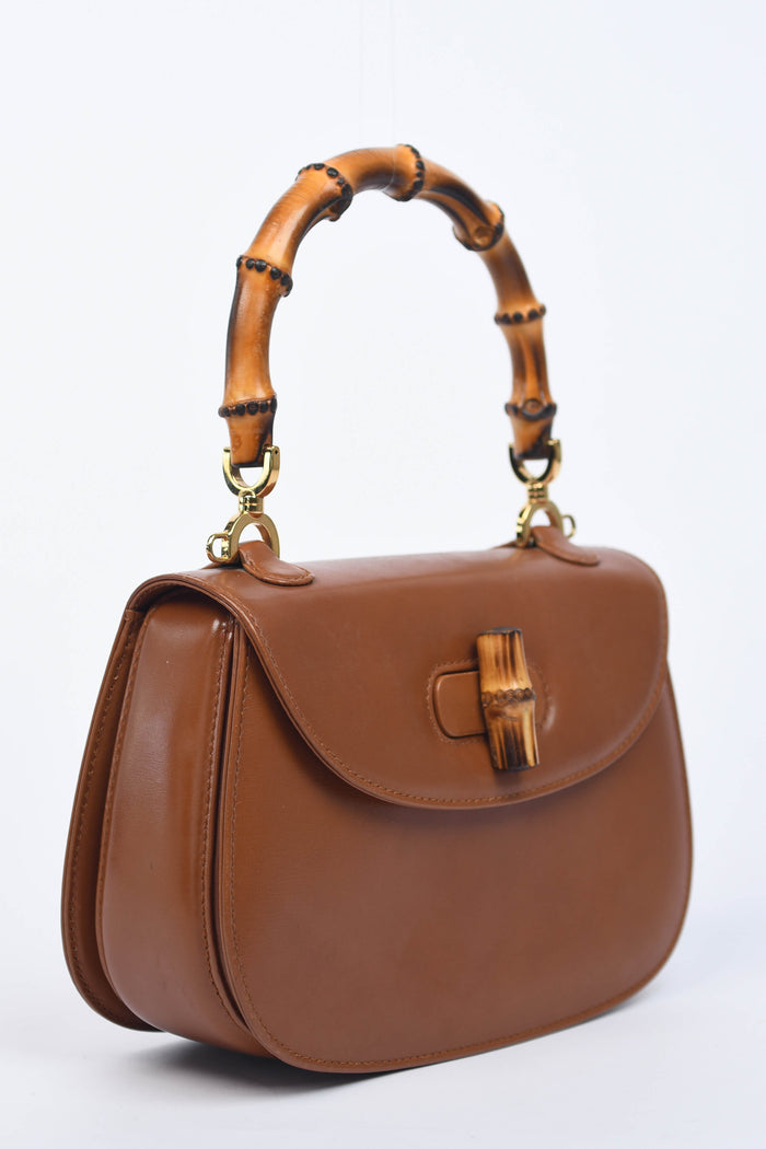 2010s Gucci Brown Leather & Bamboo Top Handle Bag