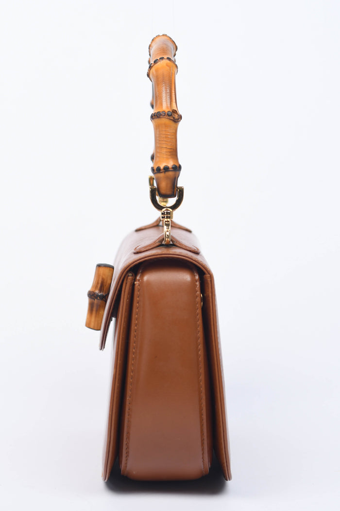 2010s Gucci Brown Leather & Bamboo Top Handle Bag