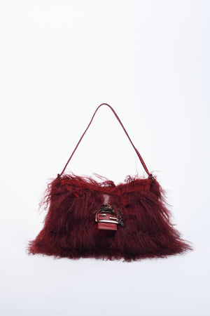 RARE Fendi Red Mongolian Fur Mamma Baguette Shoulder Bag