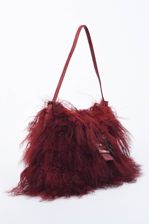 RARE Fendi Red Mongolian Fur Mamma Baguette Shoulder Bag