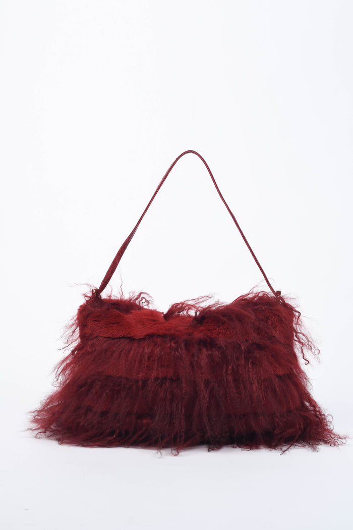 RARE Fendi Red Mongolian Fur Mamma Baguette Shoulder Bag