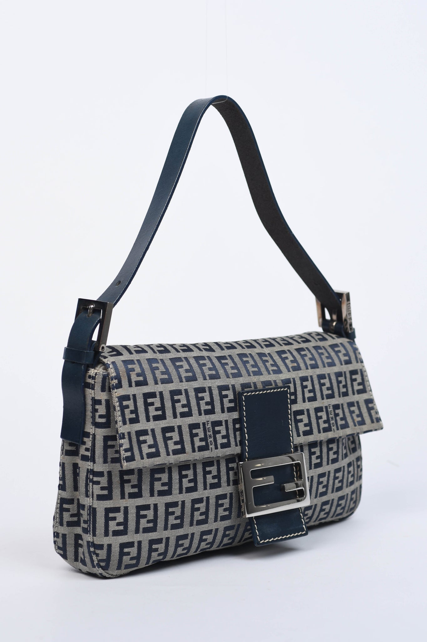 Vintage Fendi Navy Zucchino Baguette Shoulder Bag