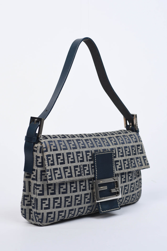 Vintage Fendi Navy Zucchino Baguette Shoulder Bag