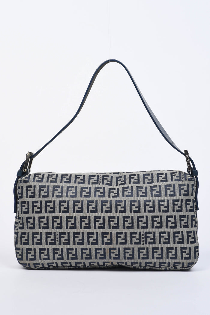 Vintage Fendi Navy Zucchino Baguette Shoulder Bag