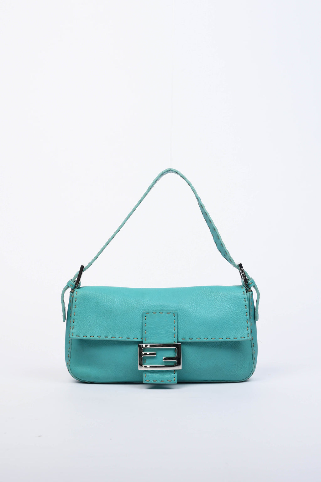 Vintage Fendi Teal Leather Selleria Baguette Shoulder Bag