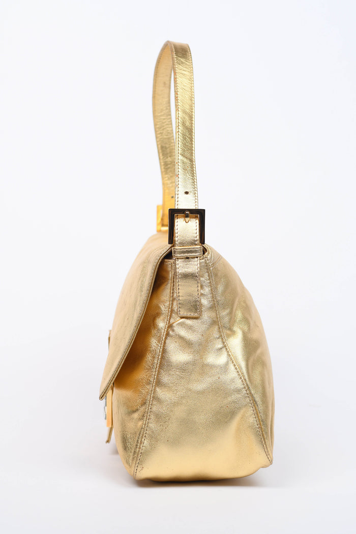 RARE Fendi Gold Leather Mamma Baguette Shoulder Bag