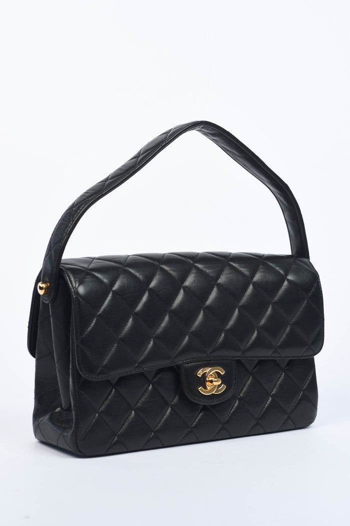 90s Chanel Black Lambskin Leather Double Faced Flap Bag with 24k GHW