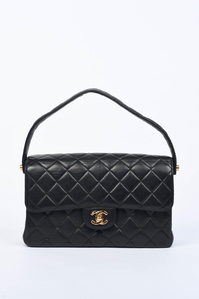 90s Chanel Black Lambskin Leather Double Faced Flap Bag with 24k GHW