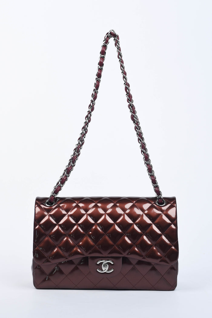 2012 Chanel Burgundy Patent Leather Jumbo Double Flap Shoulder Bag