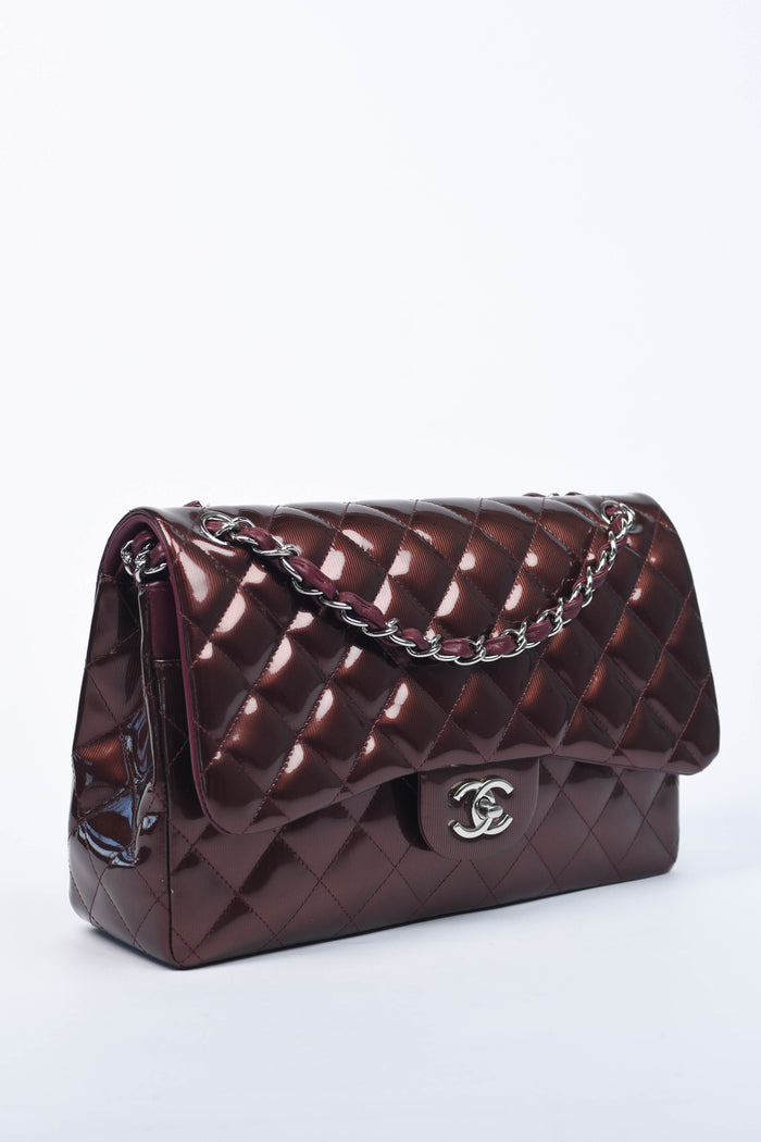 2012 Chanel Burgundy Patent Leather Jumbo Double Flap Shoulder Bag